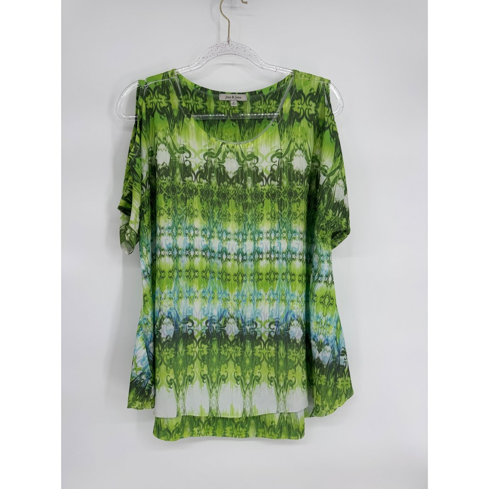 Jess & Jane Green Blue Abstract Damask Cold Shoulder Blouse Womens Sz S